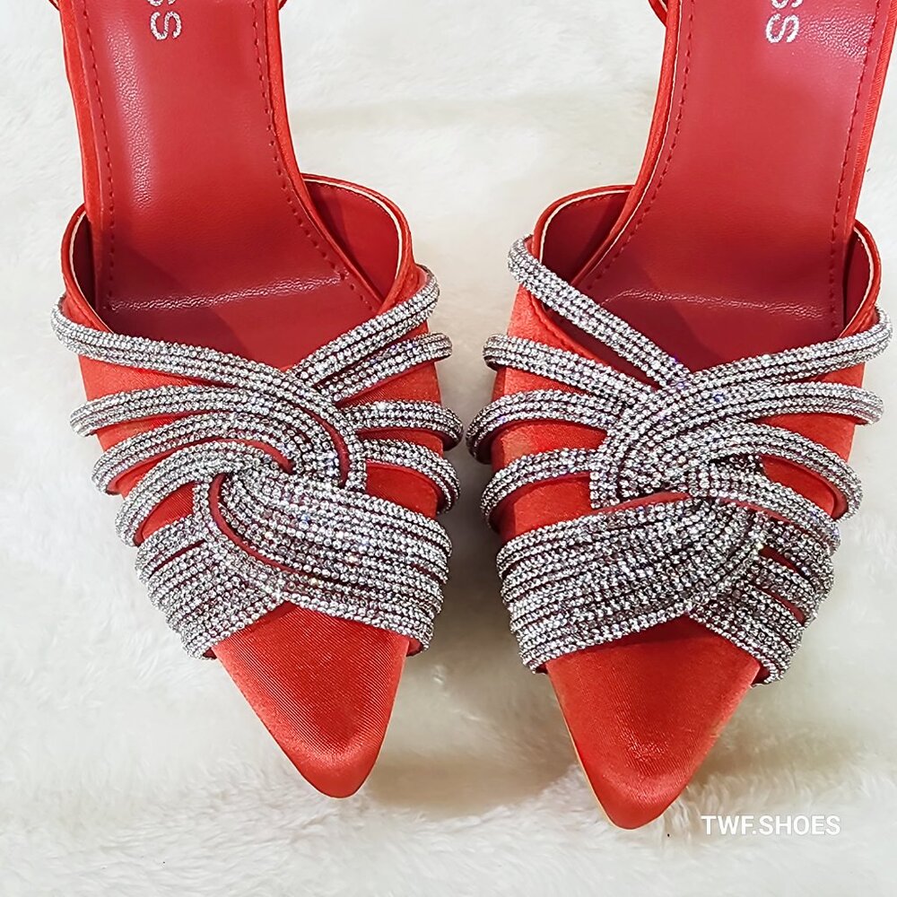 Elegance Slip on Slingback Red Satin Rhinestone Pointy Toe High Heels Shoes - Picture 12 of 12
